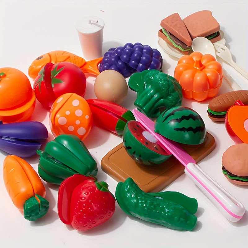 70 piezas de juguetes de cocina para niños, accesorios de frutas y verduras  con cesta de almacenamiento de compras, mini platos y cuchillo de