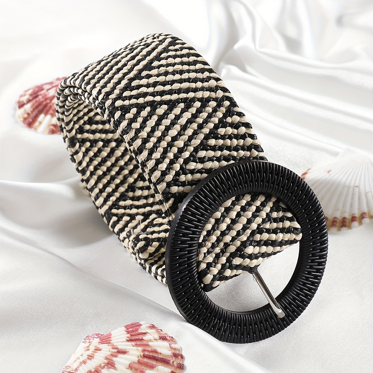 1pc Beach Style Pp Grass Belt, Bohemian Belt, Elastic Wide Belt, Round Adjustable Waist Belt