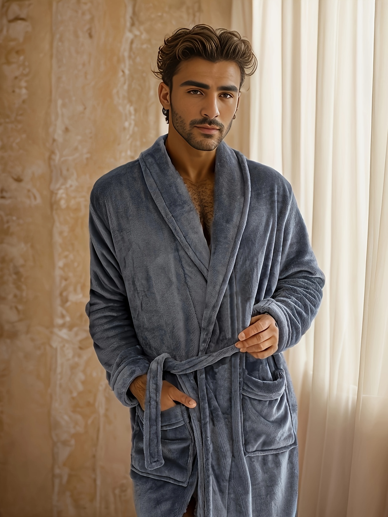 Men's Nightgown Robe, Solid Plush Bathrobe Loungewear Sleepwear For Men  Winter Fall