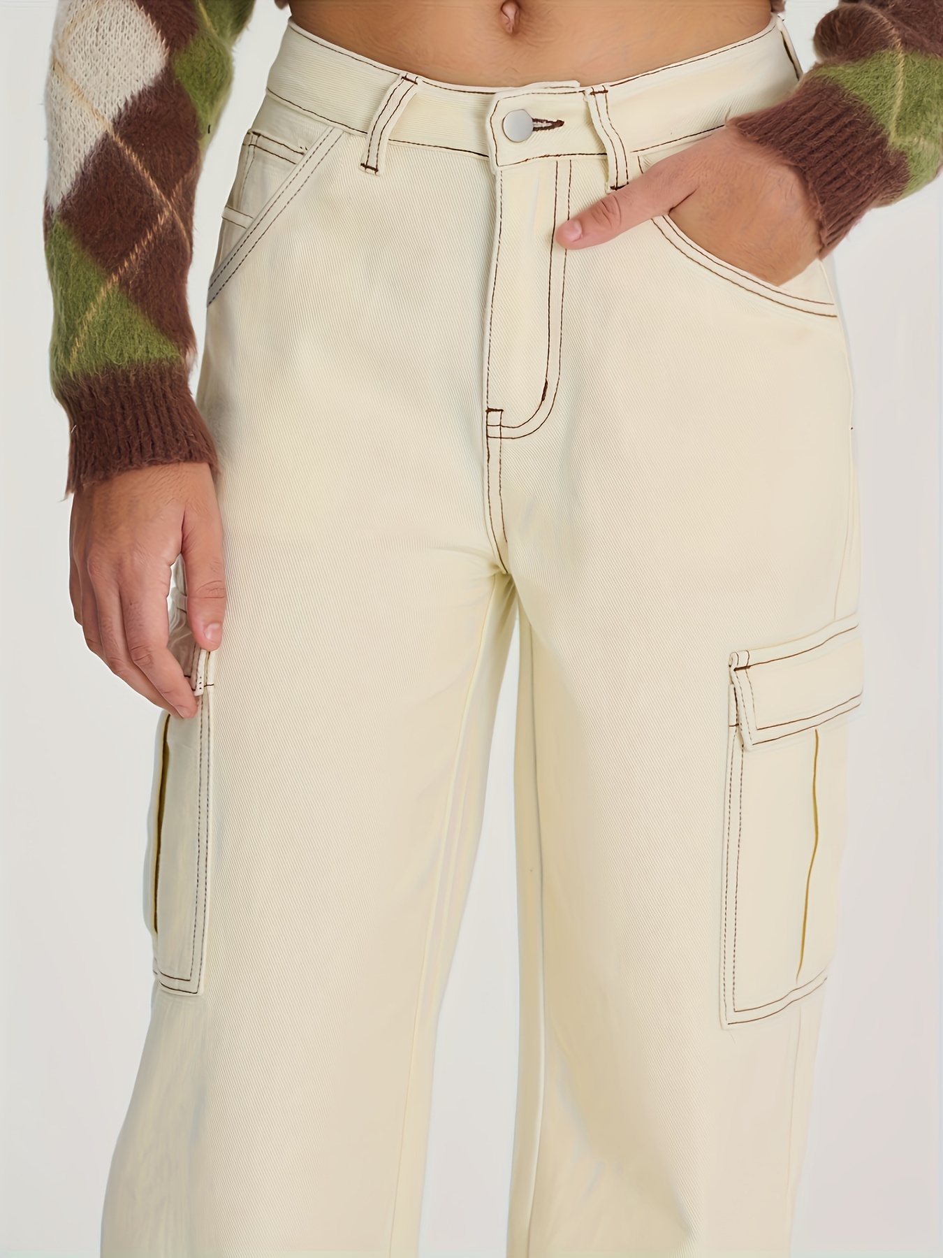 Plain Flap Pockets Cargo Pants Loose Fit Y2k Kpop Style - Temu