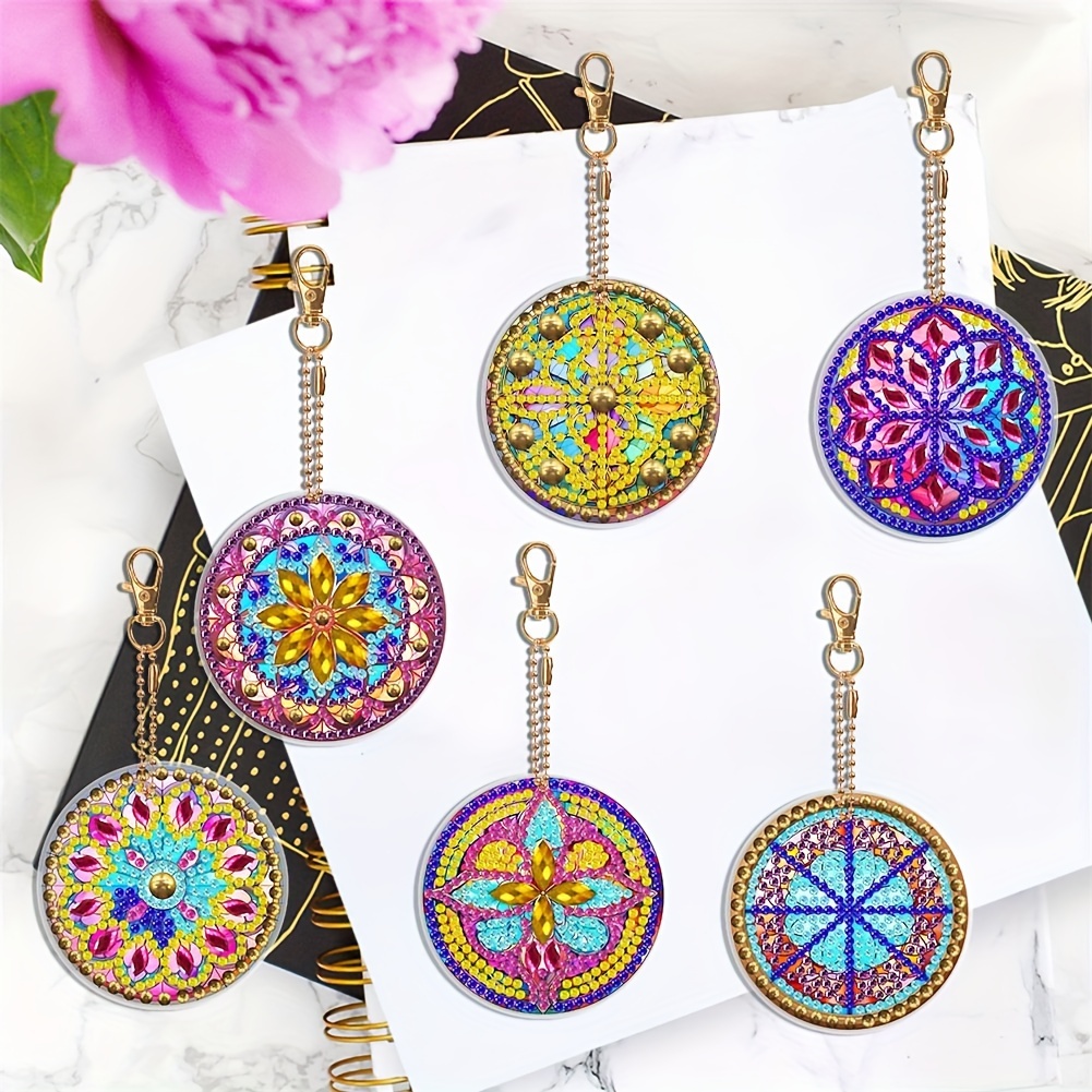 5 Pcs Diy 5d Mandala Flower Diamond Painting Keychain Kit, Double Sided  Full Drill Painting Key Chains Pendant