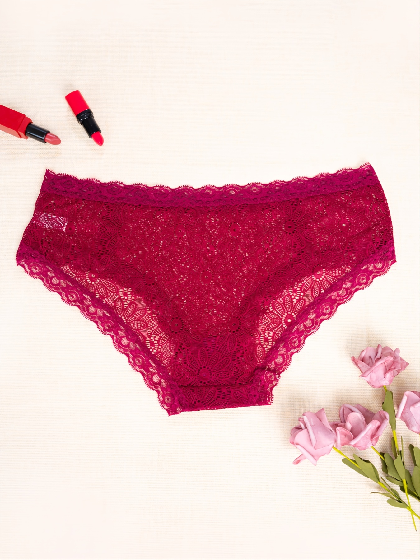 Women Panties Pink Lace Transparent Hollow Out Underwear Comfort