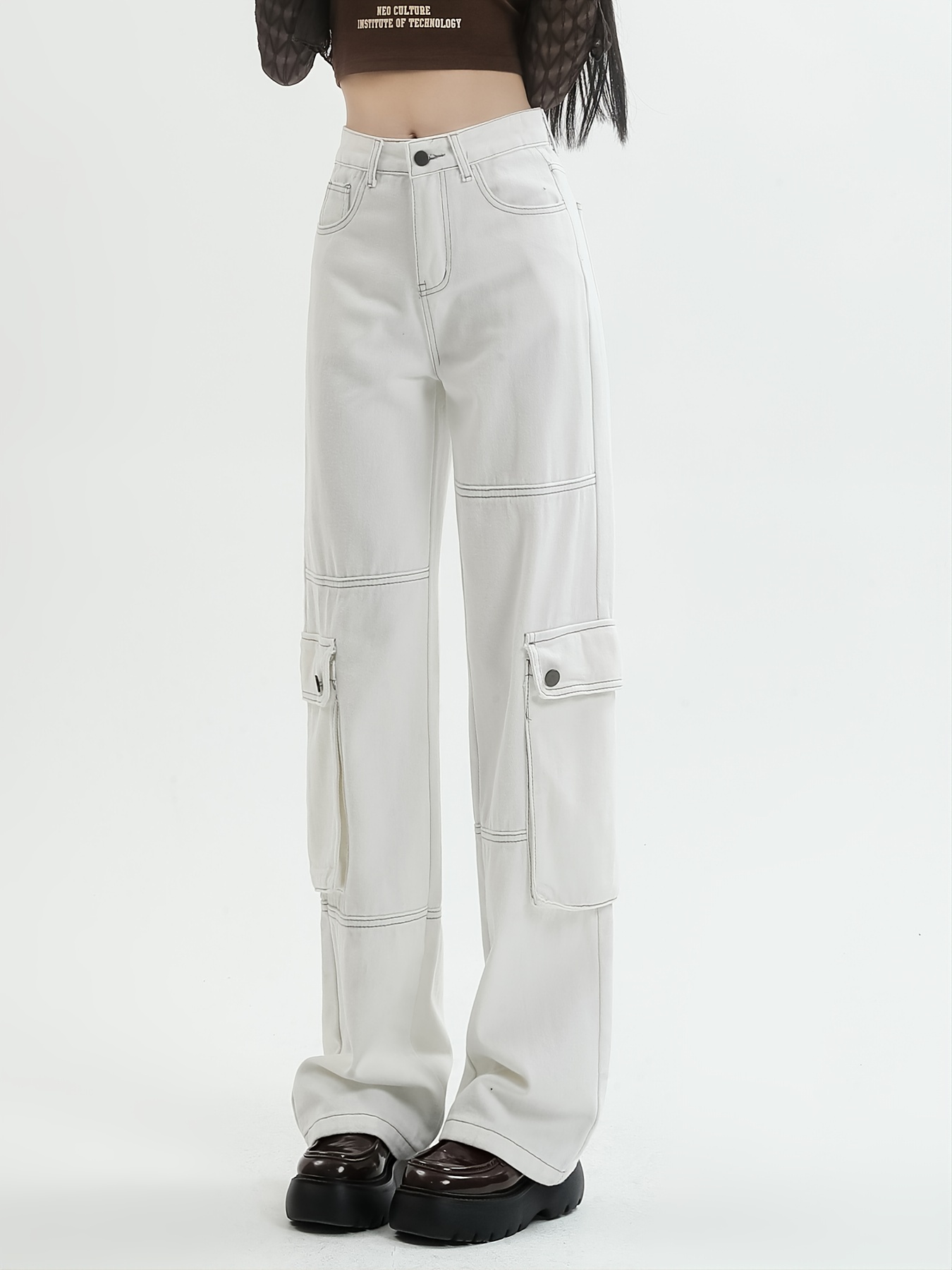 Pantalon cargo ample pour femme - Pantalon cargo Y2K - Taille haute -  Pantalon cargo - Pantalon cargo hip hop (taille : large, couleur : blanc  cassé)