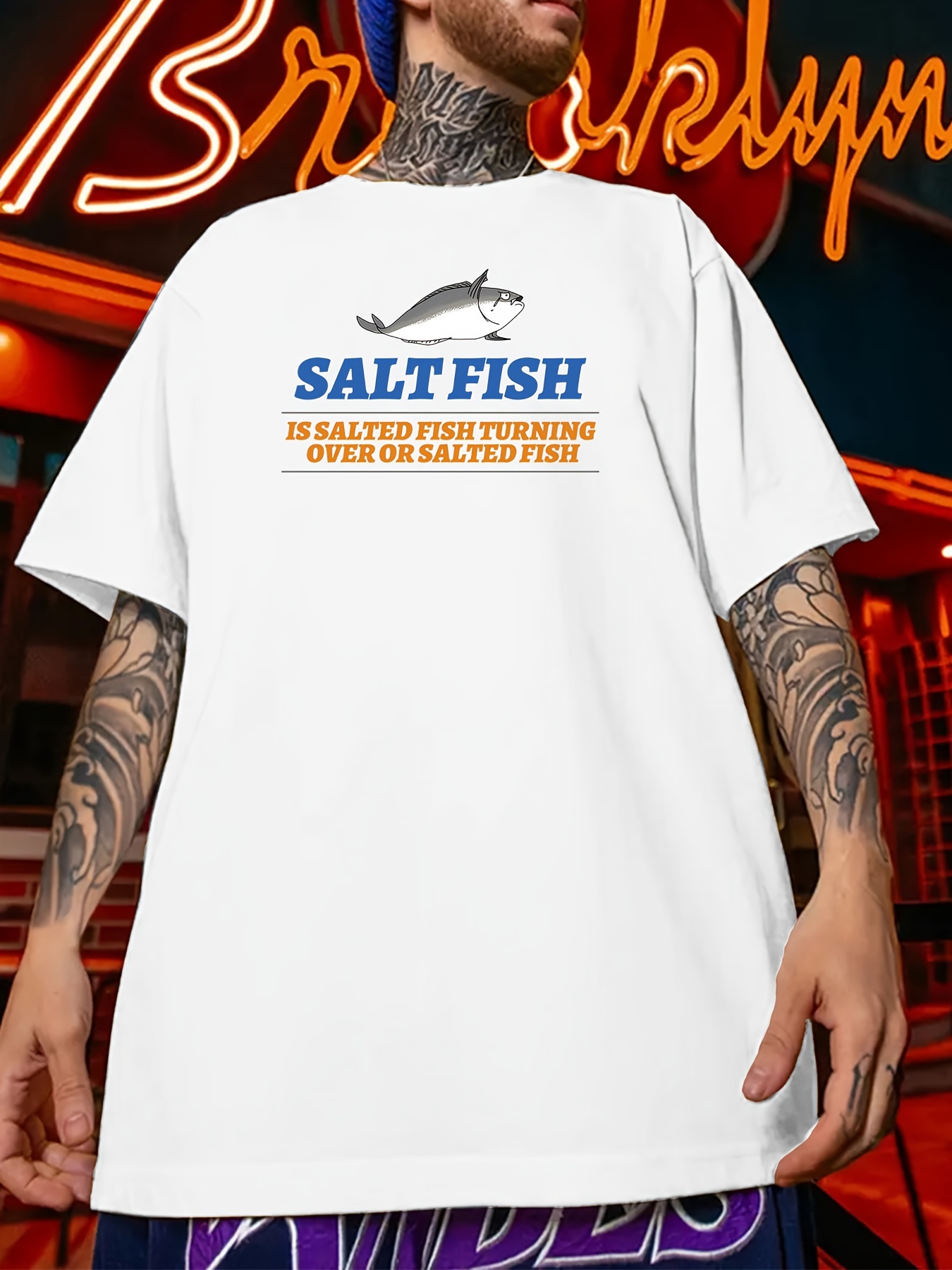 salt Fish' Print Men's Plus Size T shirts Casual Graphic - Temu