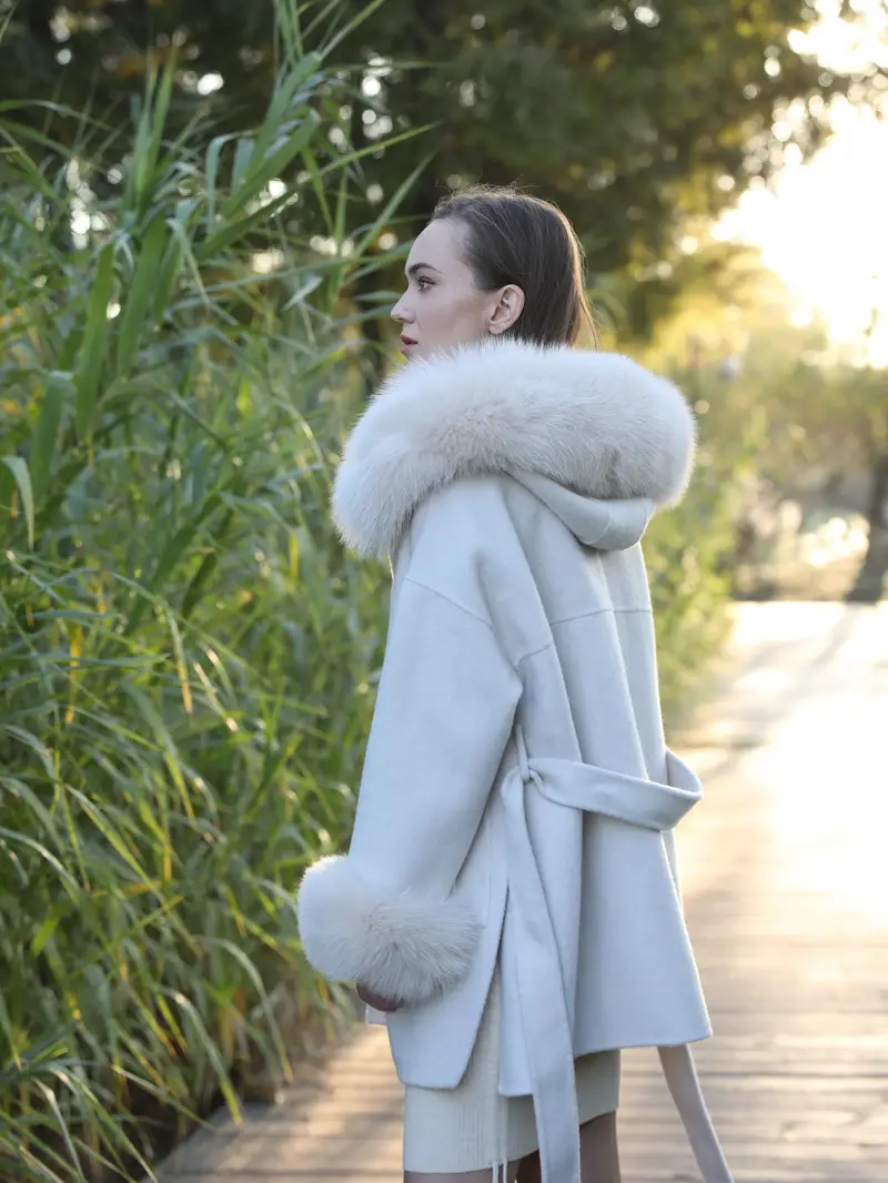 Fur Trim Hooded Overcoat Versatile Belted Patched Pockets - Temu