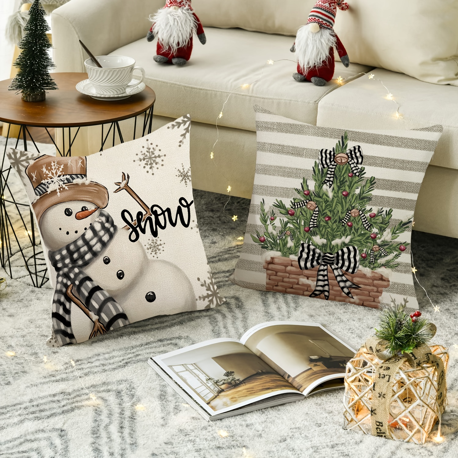 1/4PCS Merry Christmas Throw Pillow Covers Deer Snowflakes Snowman  Decorative Pillow Covers for Sofa Couch Bed and Car Throw Pillow Covers 