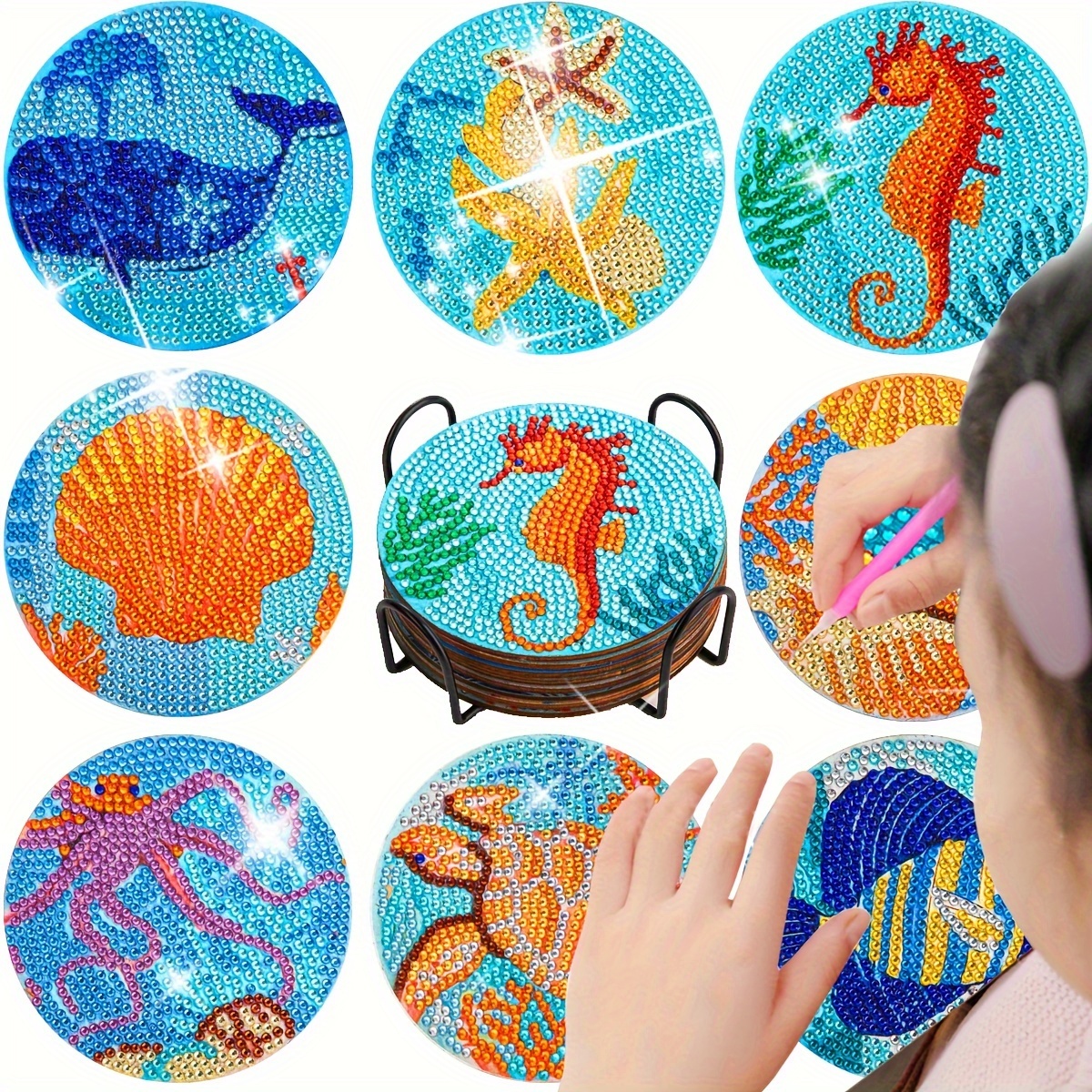 8PCS Animal Diamond Painting Coasters Kit, Shield Shape Diamond Painting  Coasters with Holder, DIY Drink Coasters with Cork Base Diamond Painting