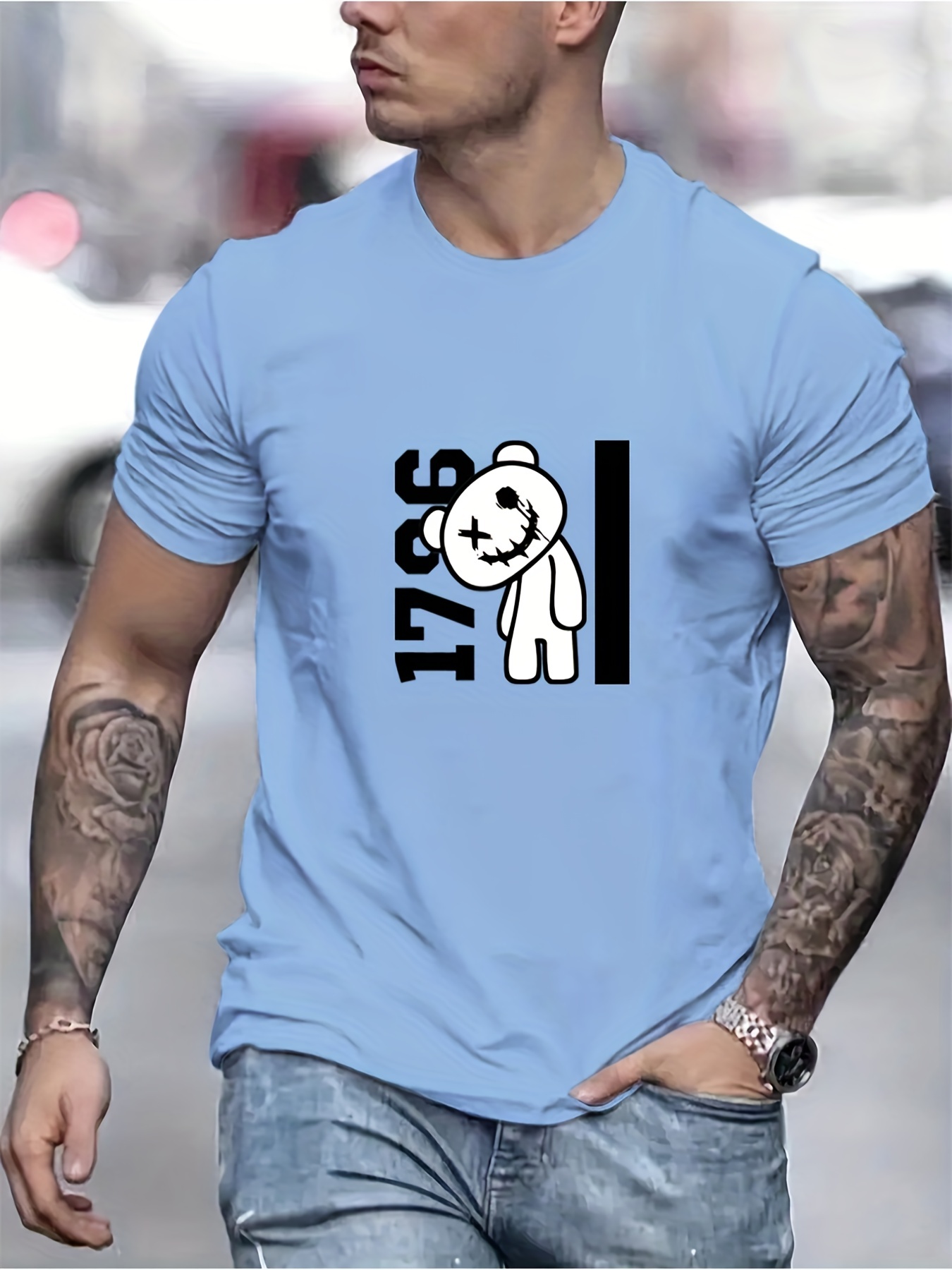 Tees For Men, Denim Teddy Bear Print T Shirt, Casual Short Sleeve Tshirt  For Summer Spring Fall, Tops As Gifts - Temu
