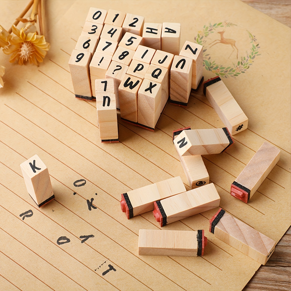 Pack of 36 Pcs Small Wooden Rubber Stamps 0.2 Inch of Letter and Number for  DIY Craft Card and Photo Album (B)