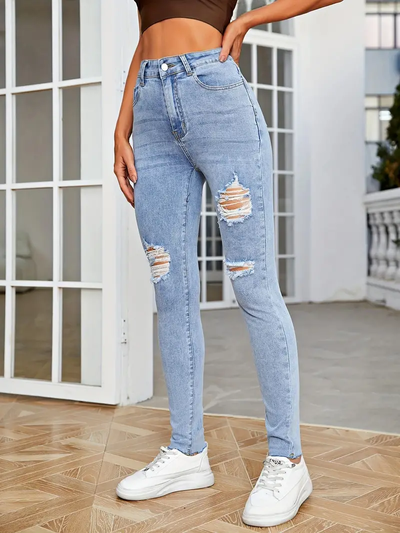 Ripped Water Ripple Embossed Crotch Jeans Light Blue Washed - Temu United  Arab Emirates