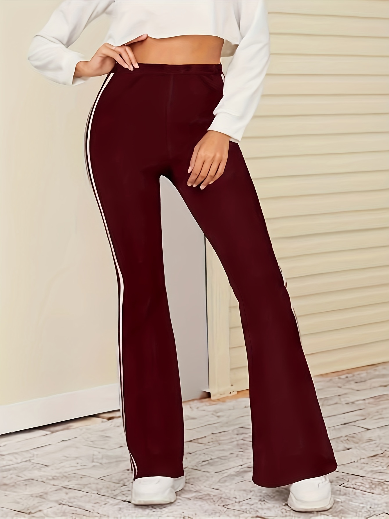Solid Color High Waist Striped Flared Pants Fashion Slim Fit - Temu Canada