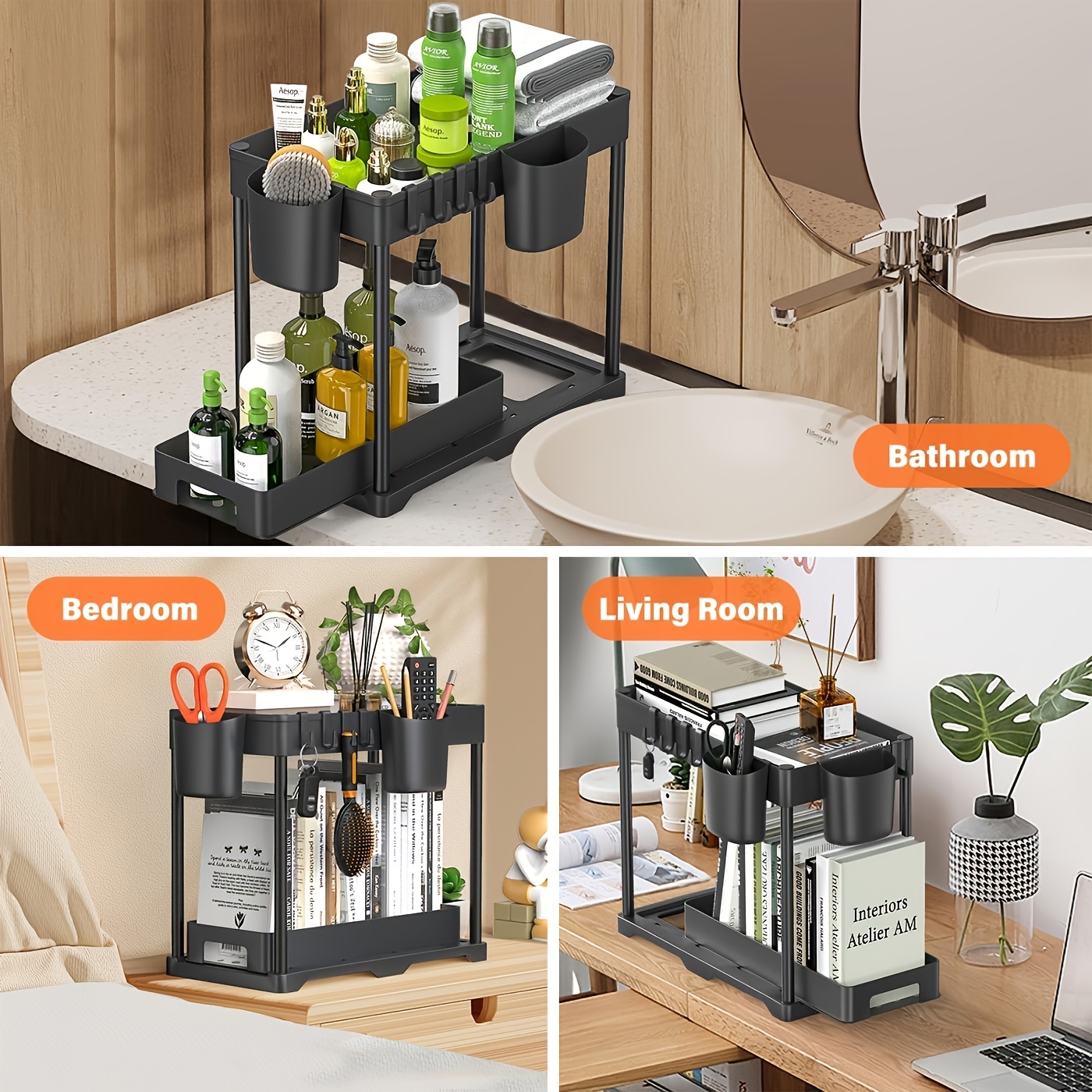 Multi purpose Sliding Sink Organizer 2 Tiers 2 Cups 4 Hooks - Temu