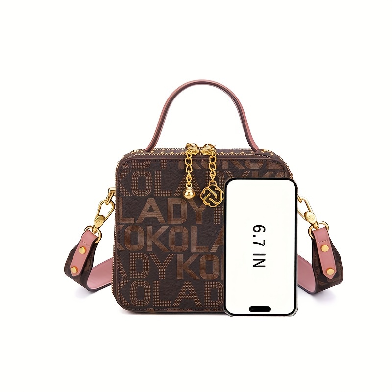 Mini Square Handbag For Women, Letter Print Crossbody Bag, Retro