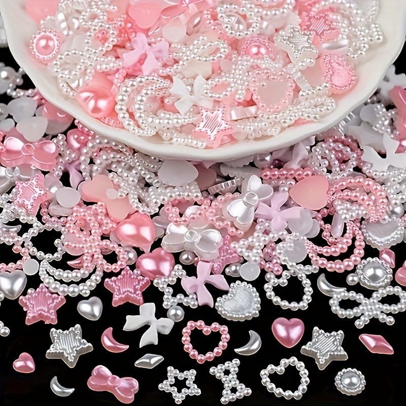

200pcs 3d Assorted Pink Nail Charms Multi Shapes Flatback White And Pink Heart-shaped Stars, Butterfly Bows Sunflower Charms,pink Pearl Round Beads For Nail Art Diy Crafts Jewelry Accessories