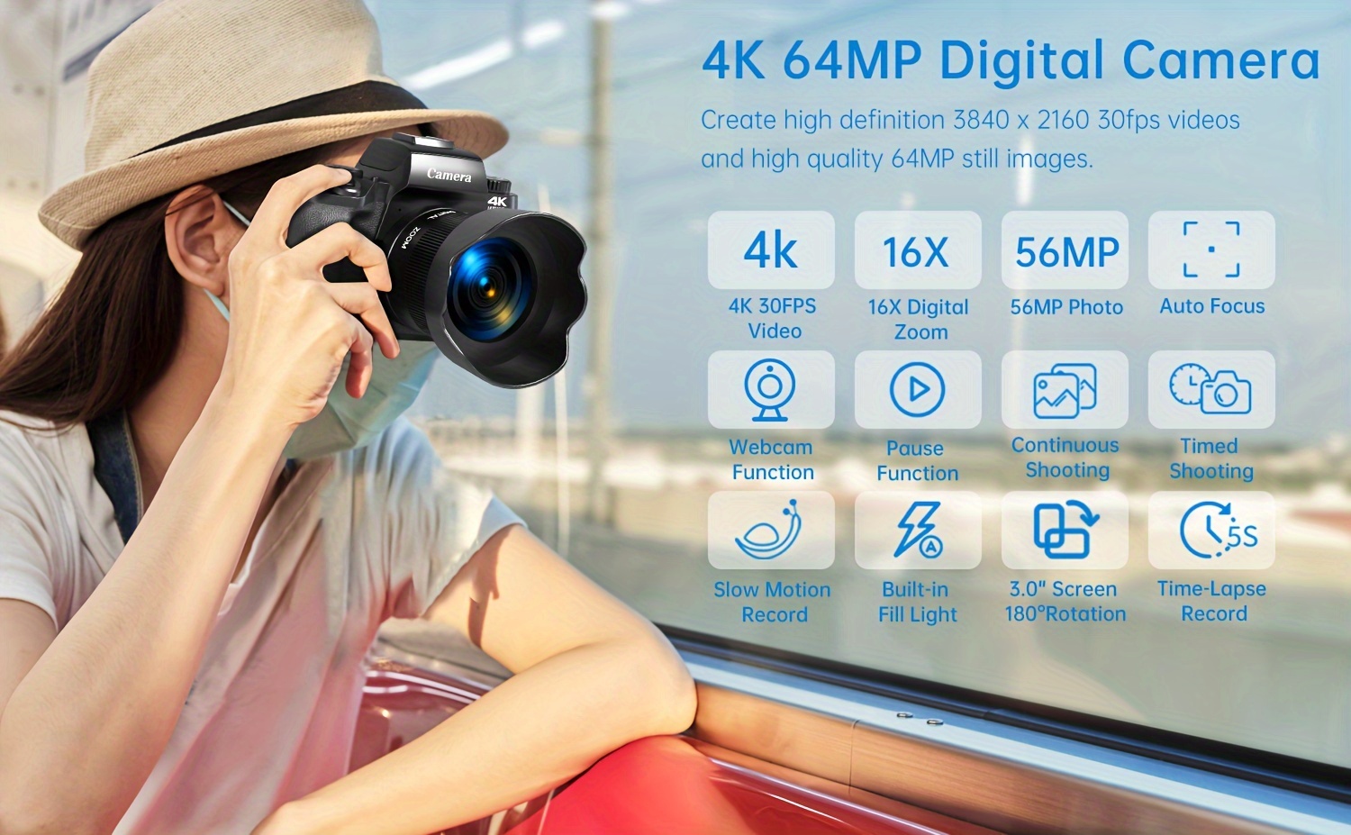 4k Digital Camera for Photography & Video, 64MP WiFi Touch Screen Vlogging  Camera for  with Flash, 32GB SD Card, Lens Hood, 3000mAH Battery