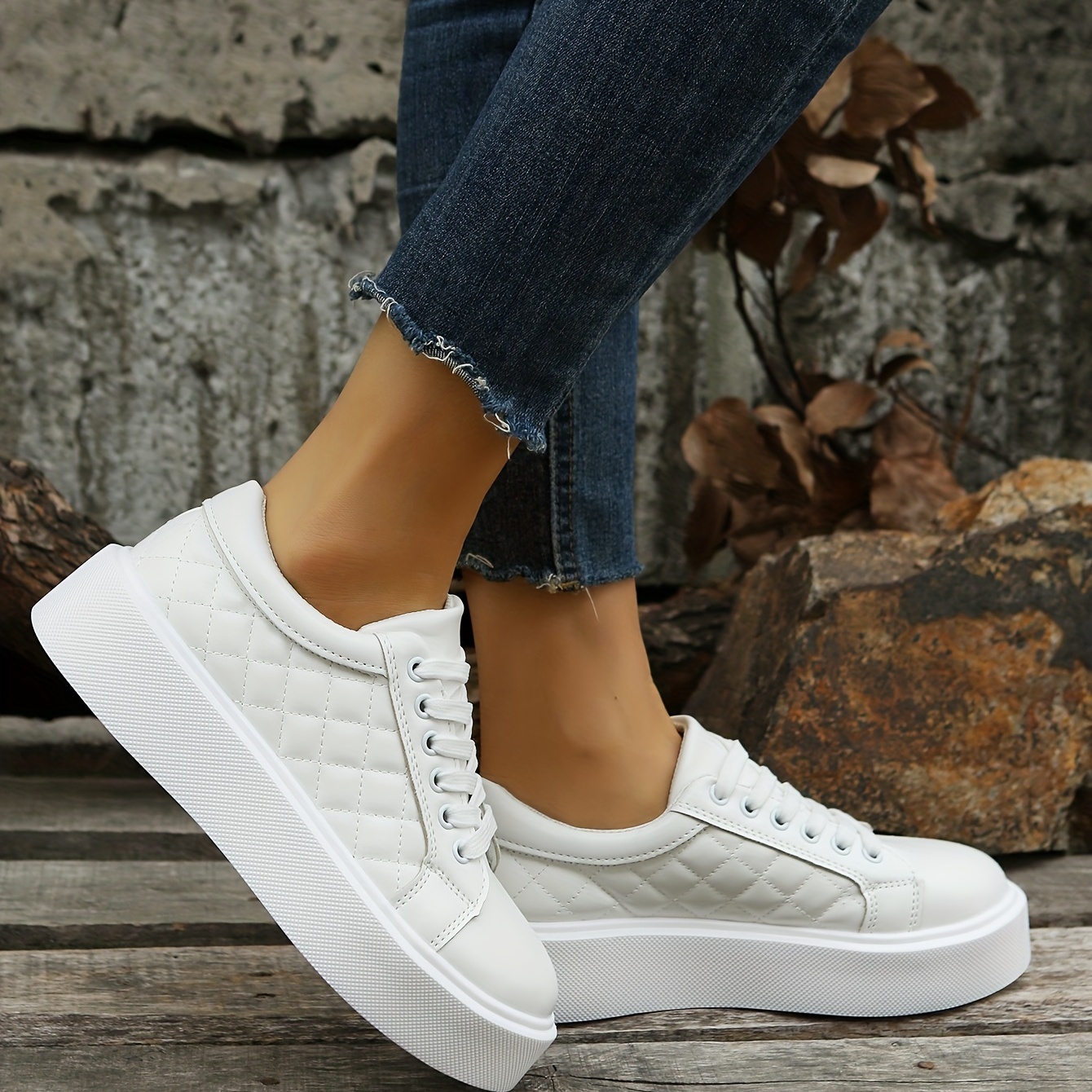 Zapatillas De Skate De Plataforma Blanca Para Mujer, Zapatillas Casuales De  Cordones Para Exteriores, Zapatos De Lona De Bajo Perfil