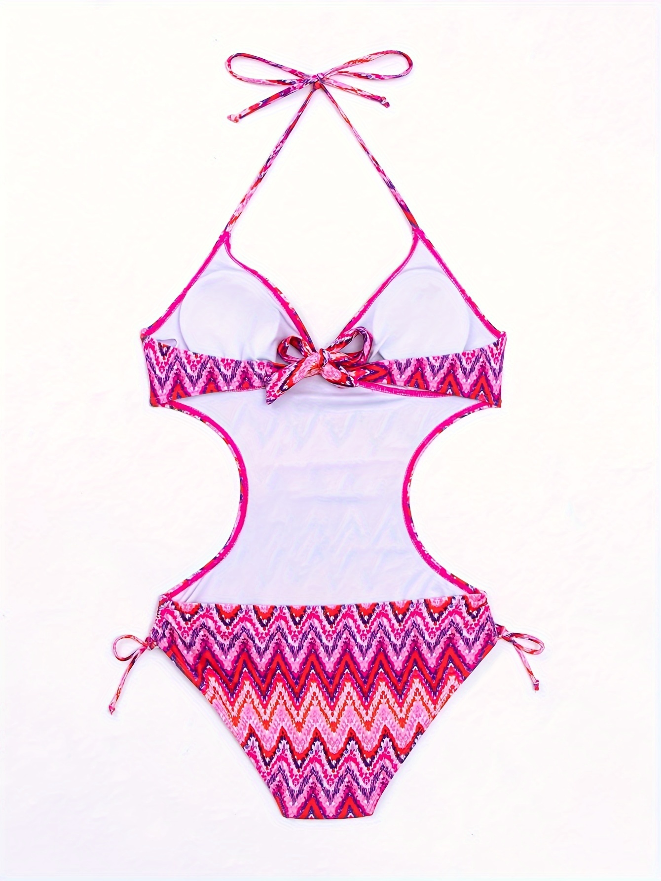 Zigzag Print Cut Halter Swimsuit Drawstring Tie - Temu