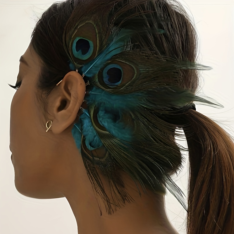 

Exaggerated Peacock Feather Decor Ear Wrap Bohemian Vacation Style Copper Silver Plated Jewelry Stage Holiday Ear Jewelry
