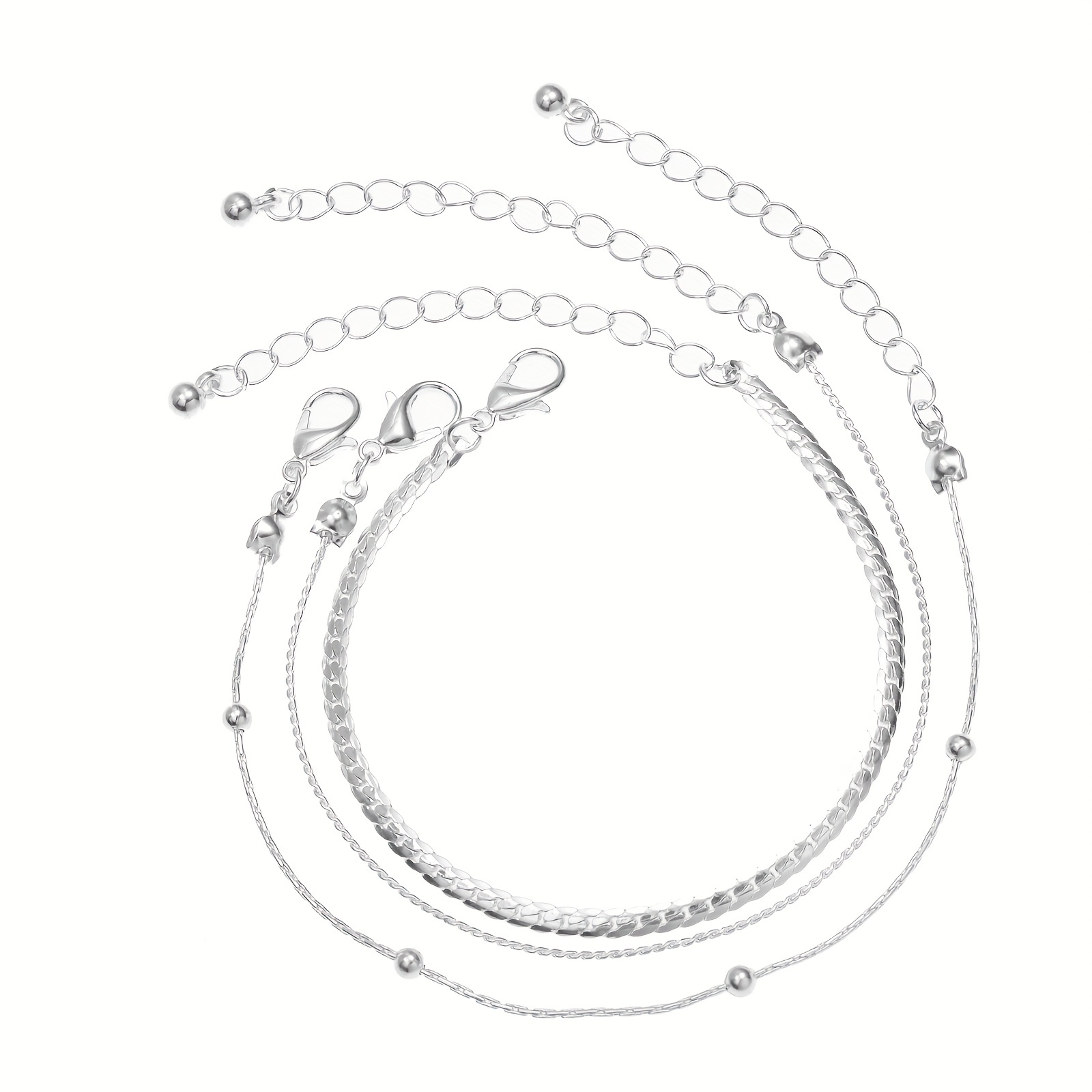 3pcs Silvery Anklets Bead Chains & Flat Snake Chains