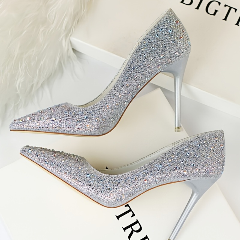 Glitter Rhinestone Wedding Shoes Pointed Toe Stiletto Heeled Pumps