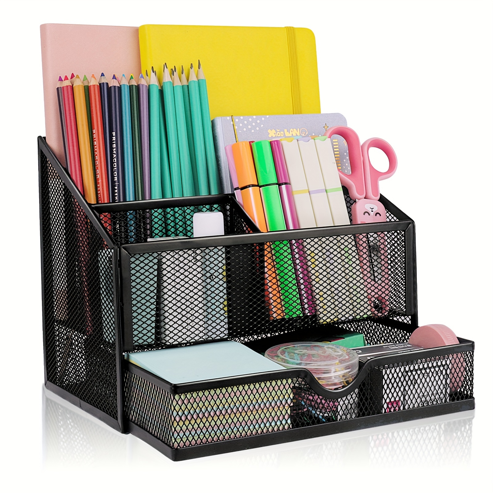 Comix Black Pen Holder, Mesh Office Supplies Accessories Caddy with Sticky Notes Holder, Desk Organizer for Home, Office and School