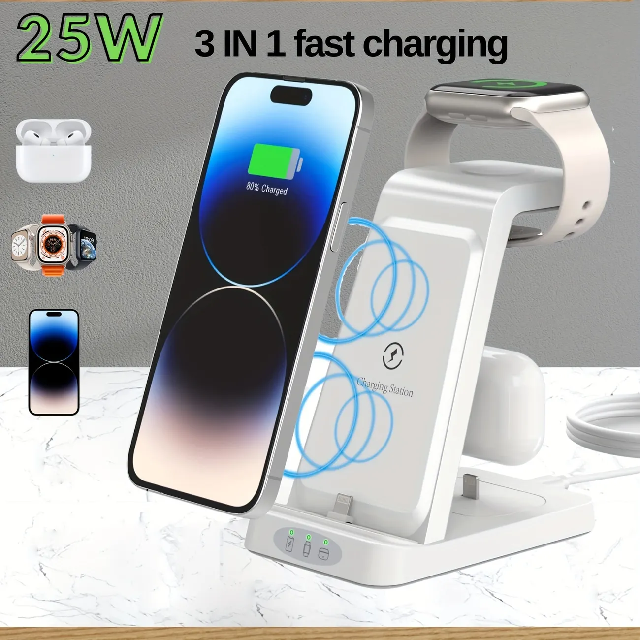 Wireless Charging Station,3 in Fast Wireless Charger Stand Qi-Certified Foldable Charging Stand Dock for iPhone13 12 11 Pro Max X XS, Airpods Pro 