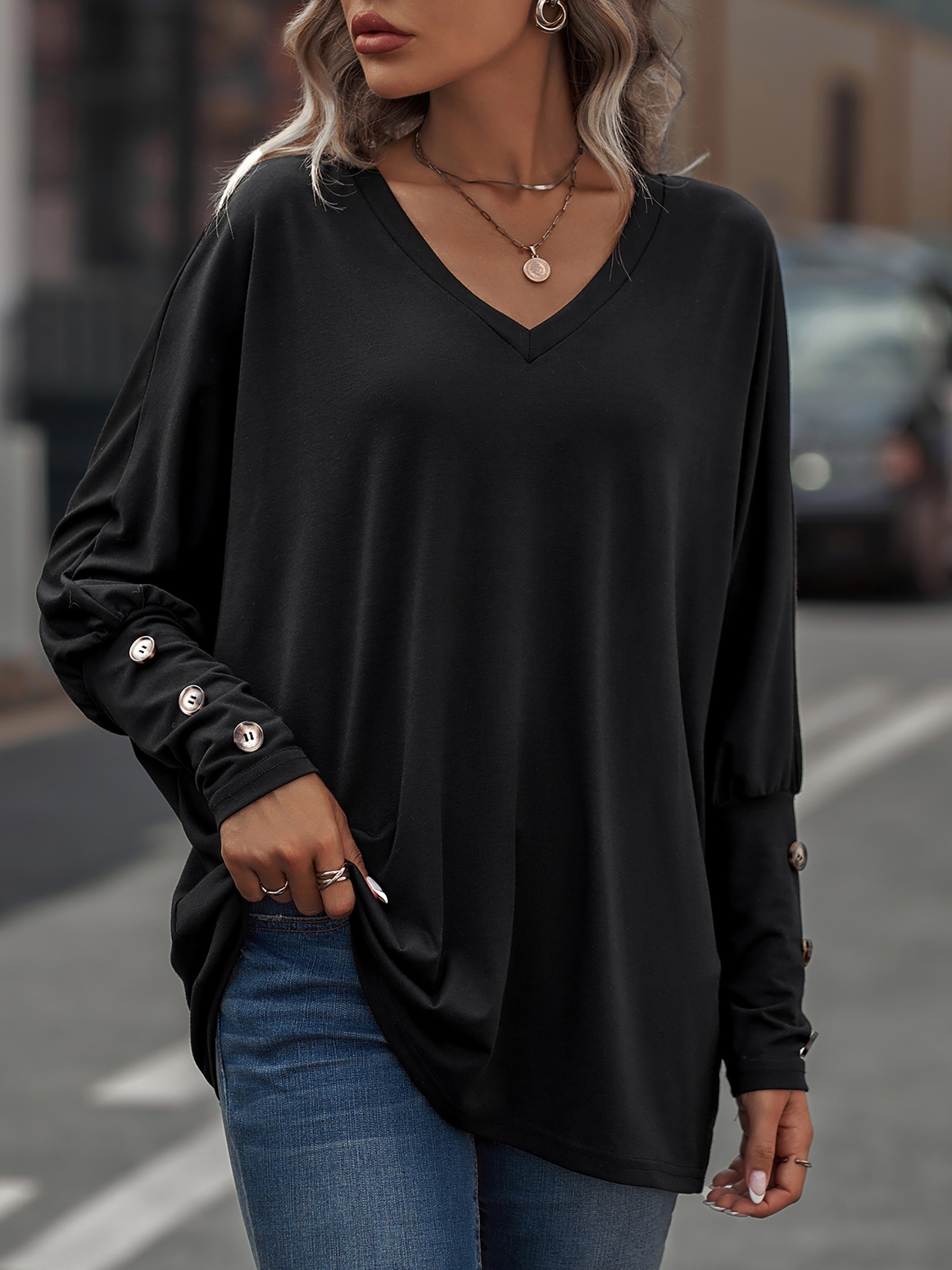 Loose fit V neck Top Oversized Batwing Long Sleeve Shirt - Temu