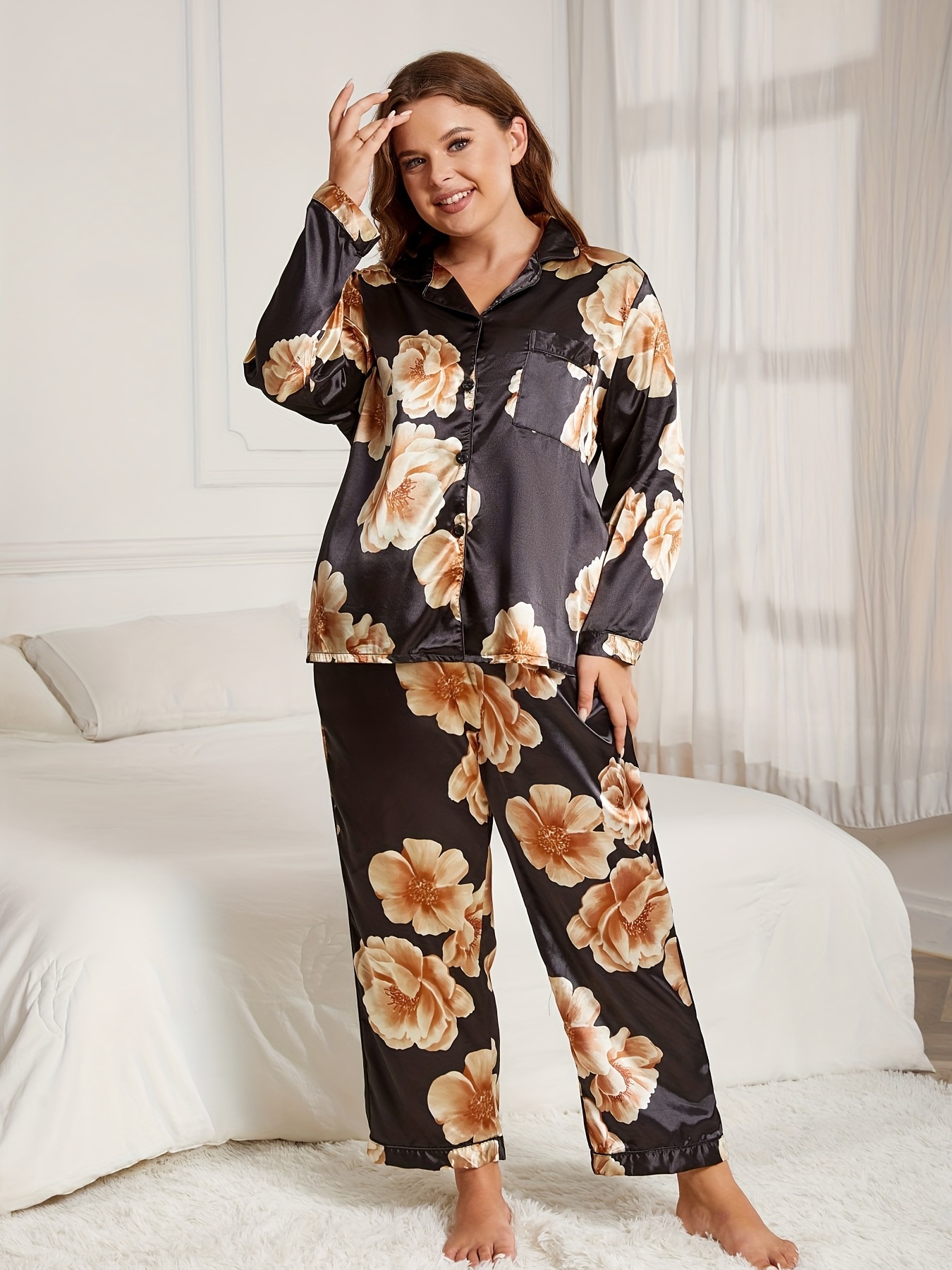 Plus Size Elegant Pajama Set, Women's Plus Satin Floral Print Long Sleeve  Lapel Collar Button Up Shirt & Pants Home Wear Two Piece Set