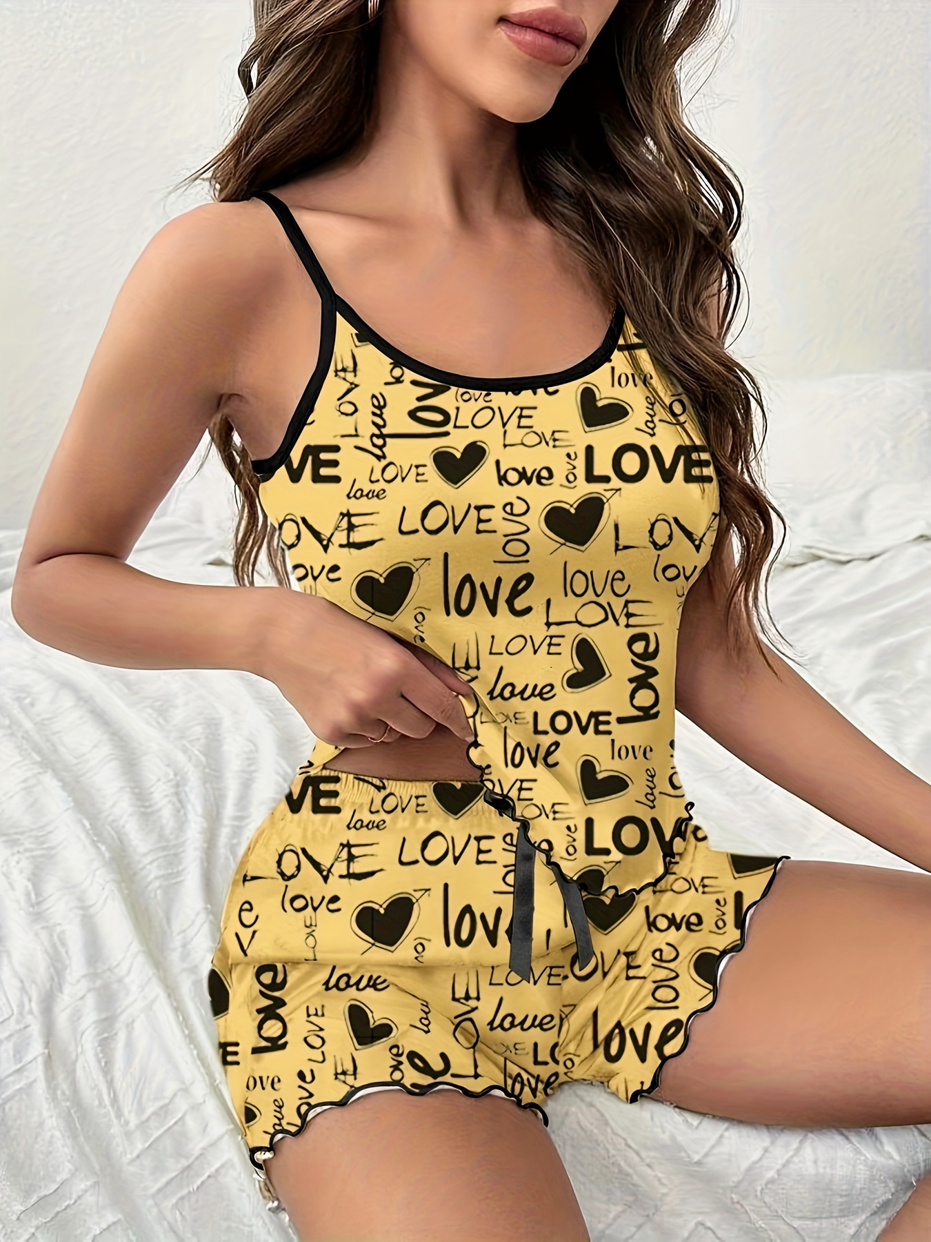 Letter Print Pajama Set Crew Neck Cami Top & Shorts