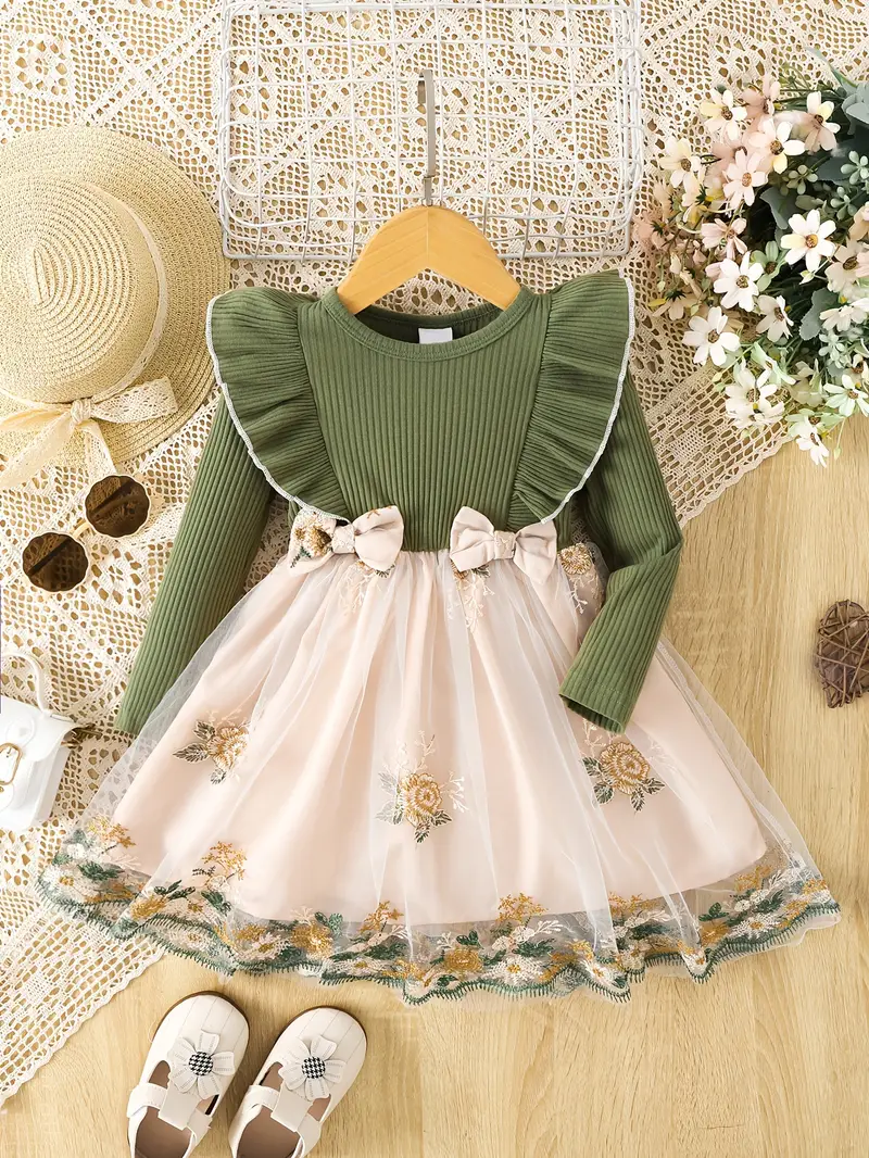 girls ruffle long sleeve bow stitching flower mesh tutu dress for toddler kids spring autumn details 6