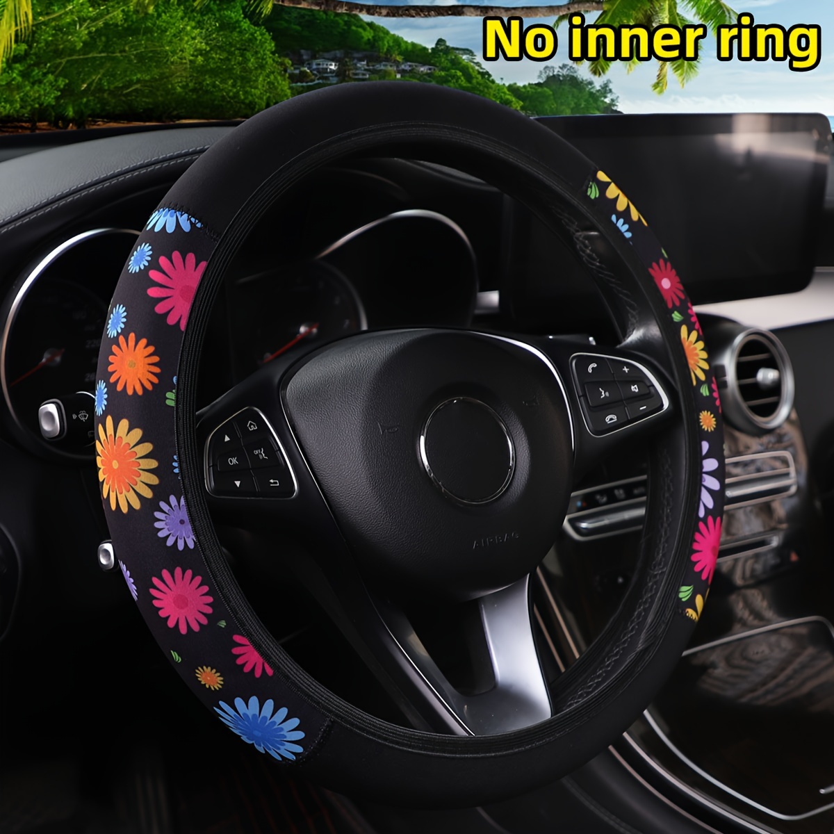 

1pc Size Colorful Flower Fabric Flower Comfortable Soft Waterproof Car No Inner Ring Steering Wheel Cover Car Accessories For Women Girls