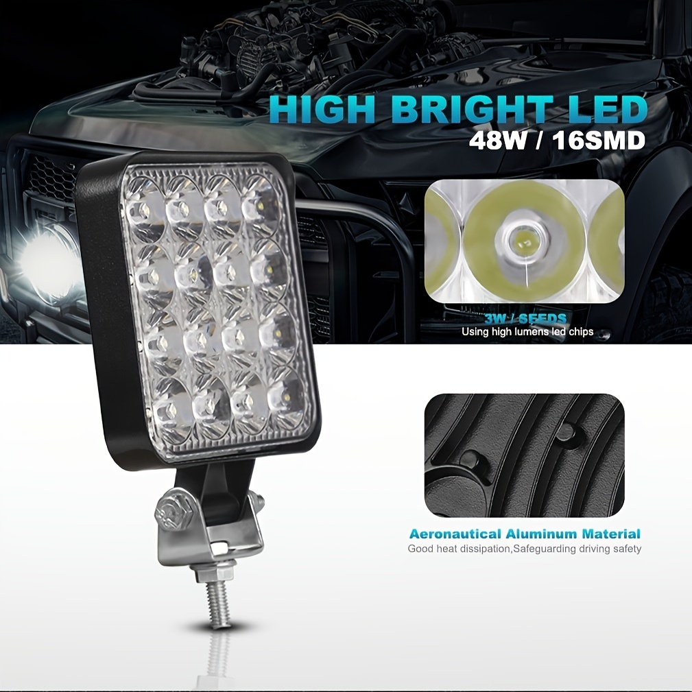 12V 24V Projecteur Phare de Travail LED Carré 8X 48W LED Moto Spot Feux  Additionnels Offroad Lampe