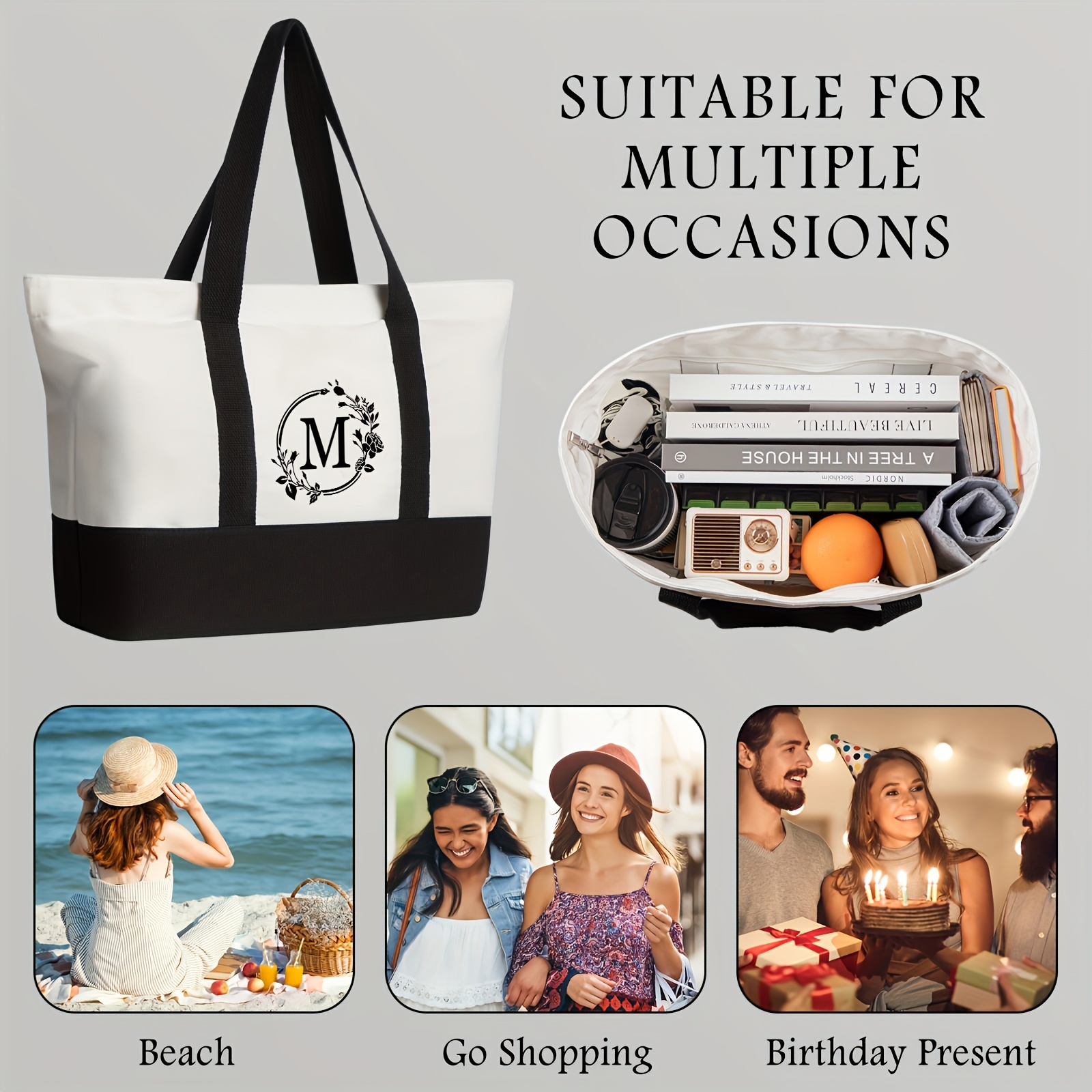 

1pc Letter M Print Canvas Handbag, Large Capacity Shoulder Bag, Fashion Tote Bag For Wedding, Birthday, Beach, Vacation