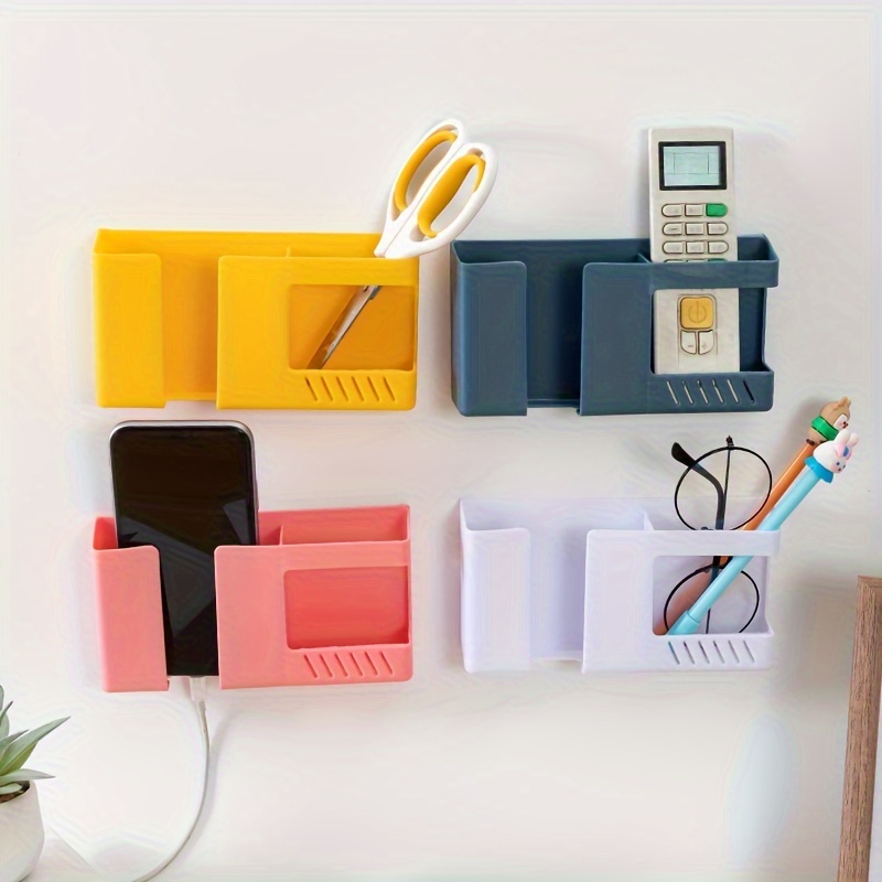 Hands DIY Wall Mount Phone Holder Self-Adhesive Remote Control Storage Box  Plastic Charging Phone Stand Small Gadgets Organizer Box for Bedroom  Kitchen Bathroom Office 