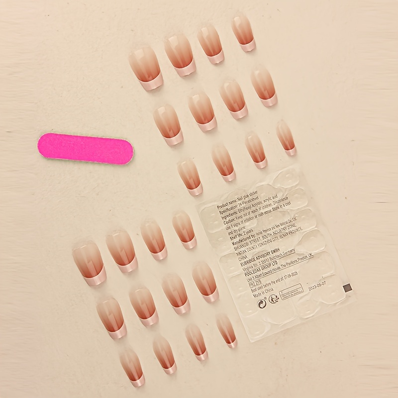 24pcs glossy nude square fake nails short length press on nails with french tip design minimalist style false nails for women girls details 2