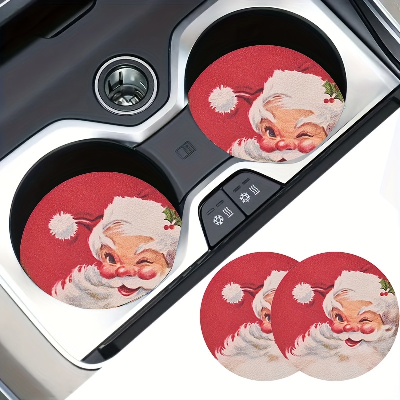 

2pcs Santa Pattern Pu Leather Car Cup Holder Coasters, Anti-slip Shockproof Universal Fashion Vehicle Car Coasters, Insert Interior Accessories, For Stocking Stuffers