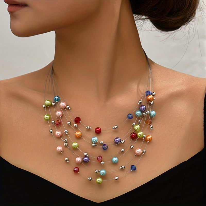 

Bohemian Style Colorful Imitation Pearls Crystal Mixed Multilayer Necklace Ladies Exquisite Handmade Necklace Gift (color Beads Random Arranged Random Color)