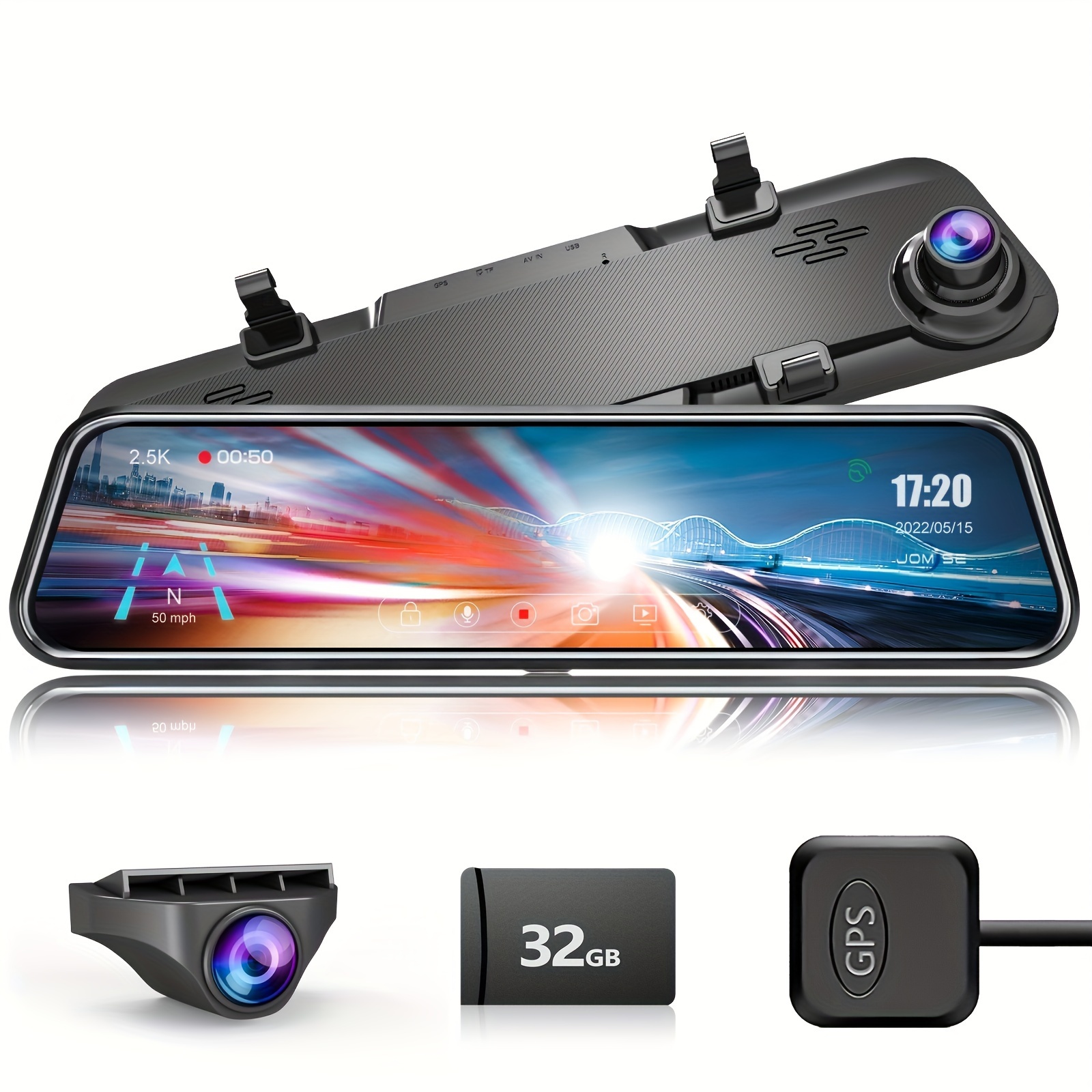 2.5K Mirror Dash Cam with Voice Control GPS, 12 Wireless Rear View Mirror  with Night Vision Waterproof Backup Camera, Front and Rear Dash Cam