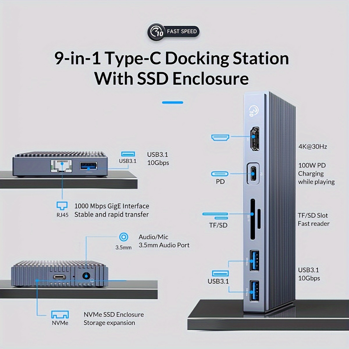 ORICO USB-C Docking Station with M.2 NVMe SSD Enclosure(Max 4TB), 9-in-1  USB-C Hub Adapter, PD 100W, 3 x 10Gbps USB3.1 USB-A, Type-C, 4K HDMI,  TF/SD