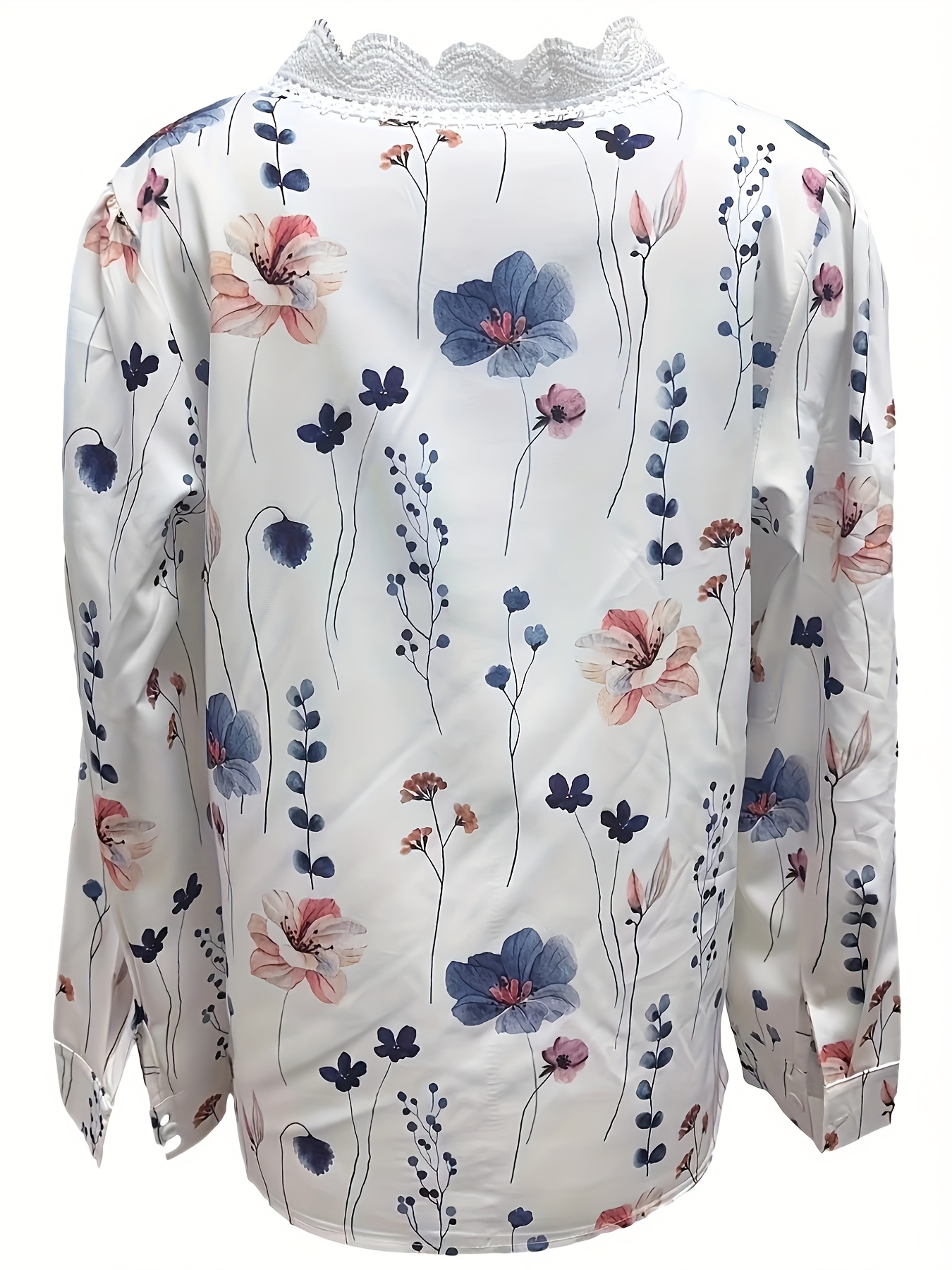 Floral Print Contrast Lace Blouse, Boho V Neck 3/4 Sleeve Blouse, Women's  Clothing