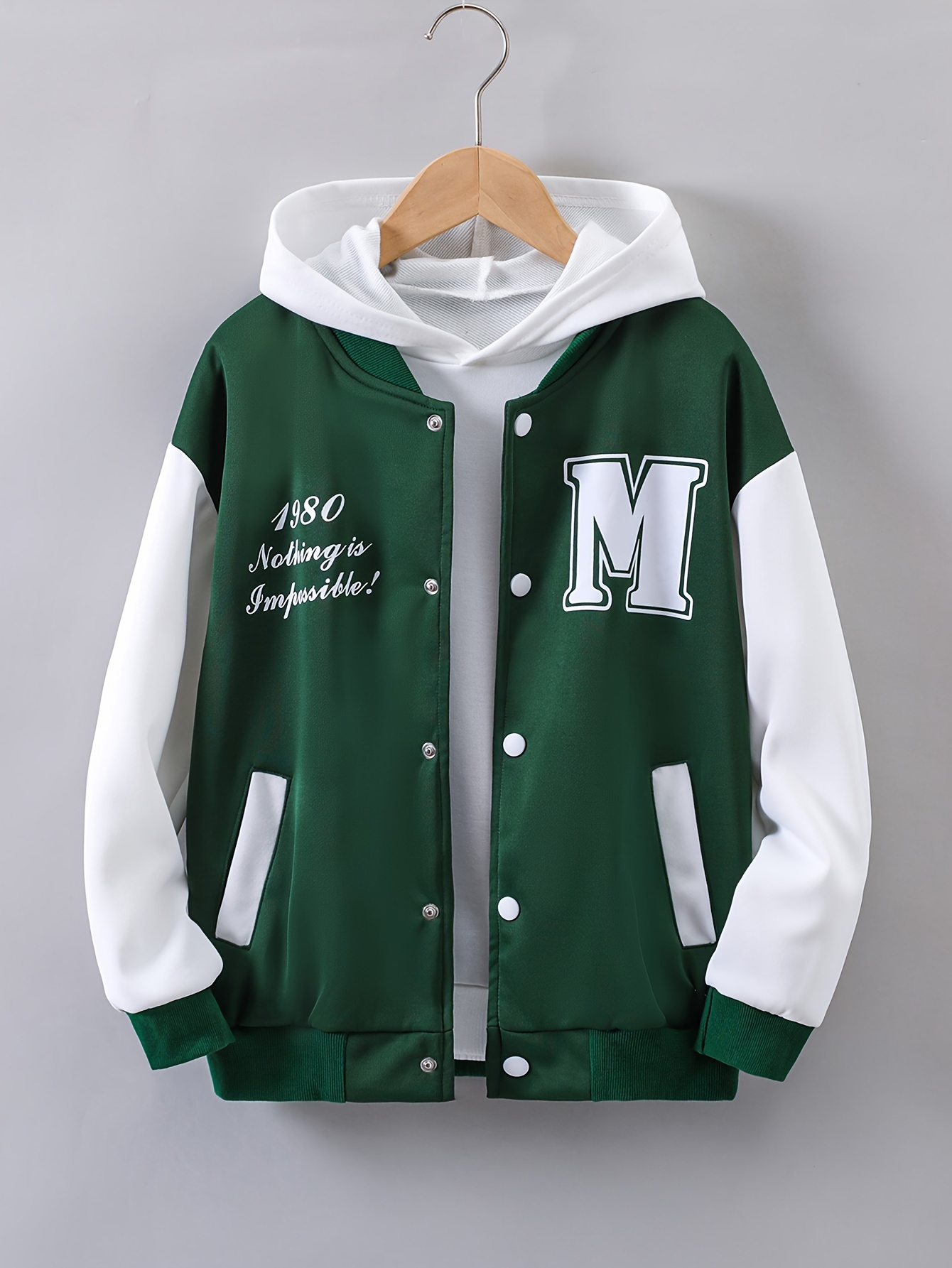 Teen Girls Letter Patched Varsity Jacket,8-9Y