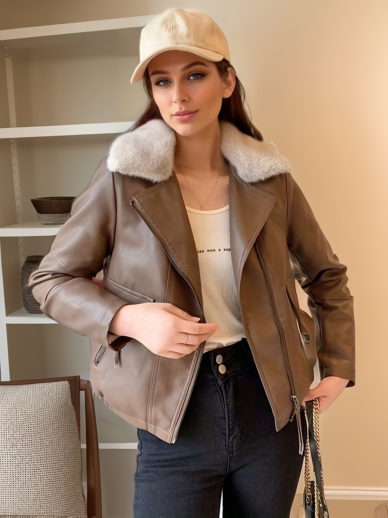 Faux Fur Leather Jacket - Temu