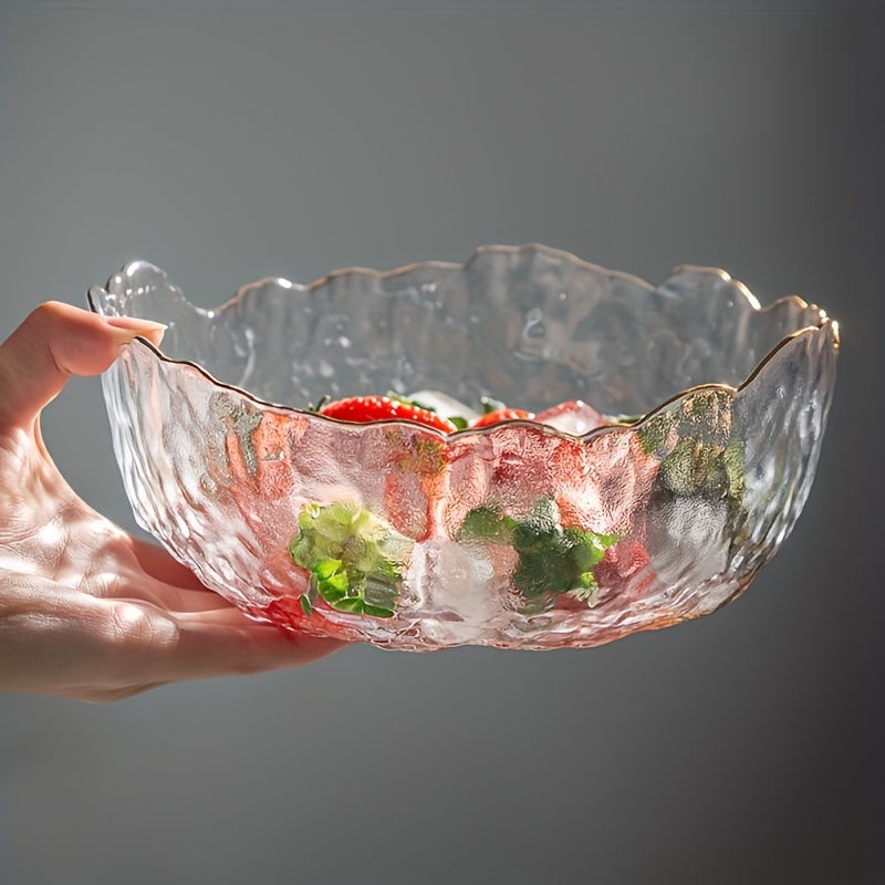 1pc Glass Bowl For Food, Fruit, Salad Container, Crystal Glass Pot With  Lid, Noodle Bowl, Covered Salad Bowl, Double Handle Pot, Diamond-shaped  Amber Pot