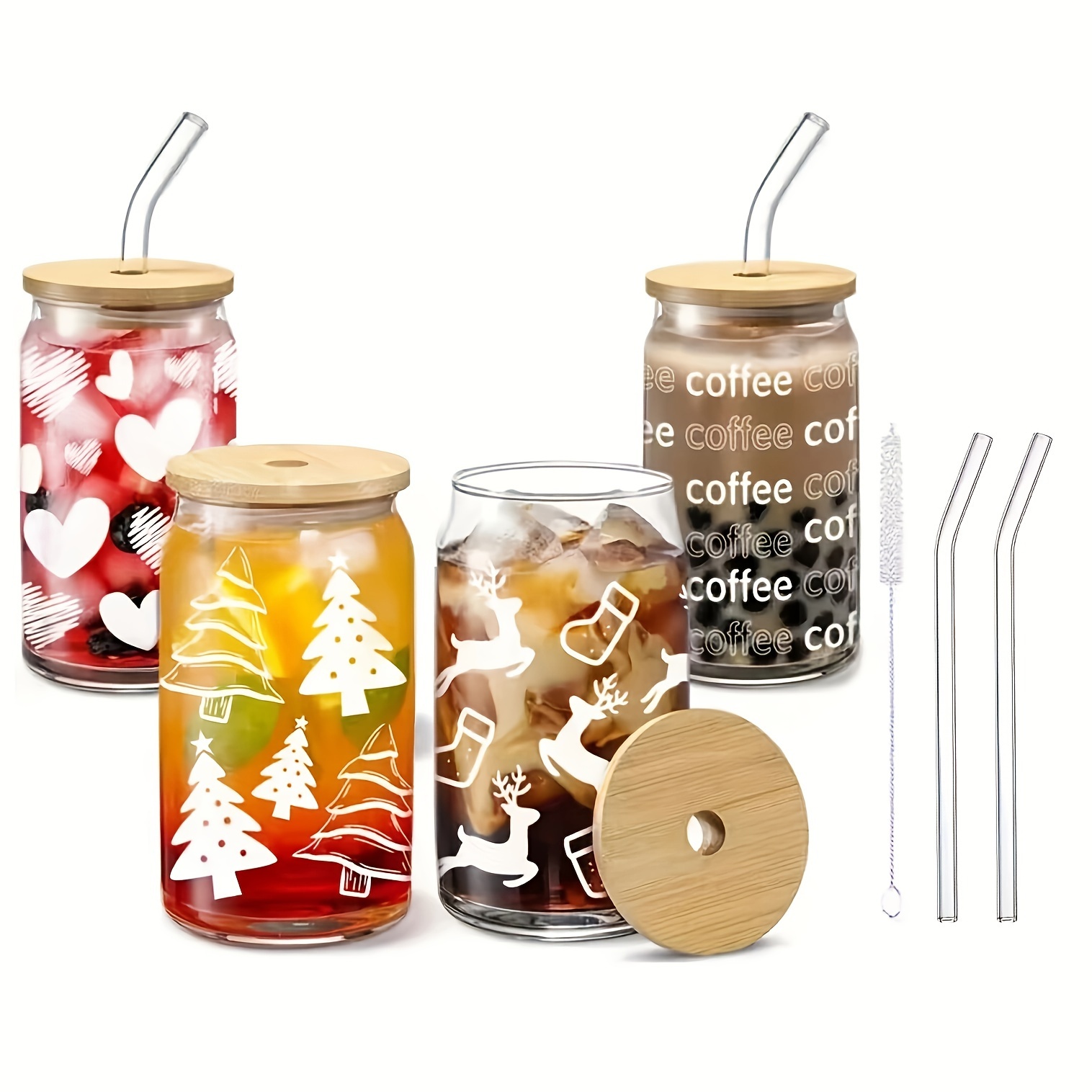 Ice Coffee Cup With Bamboo Lid And Glass Straw, Coffee Printed High  Borosilicate Glass Beer Can Shaped Cup, Halloween Gifts - Temu