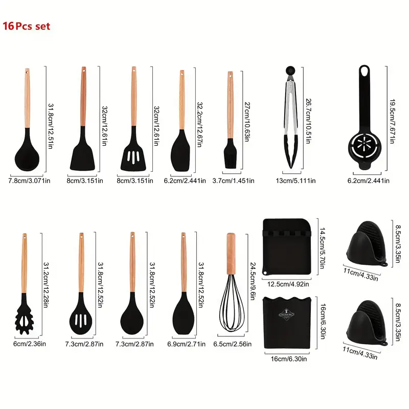 16pcs set silicone cooking utensils set heat resistant kitchen utensils turner tongs spatula spoon brush spoon rest wooden handle kitchen cooking utensils with holder for nonstick cookware dishwasher safe bpa free chrismas halloween gifts details 3