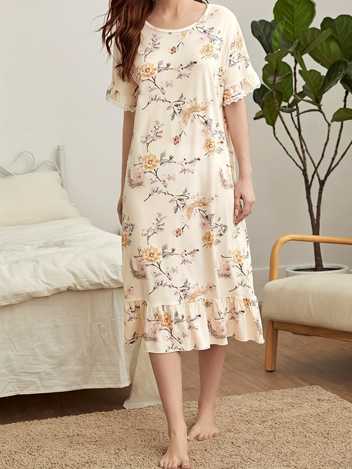 Floral Print Nightdress Short Sleeve Crew Neck Ruffle Pajama - Temu