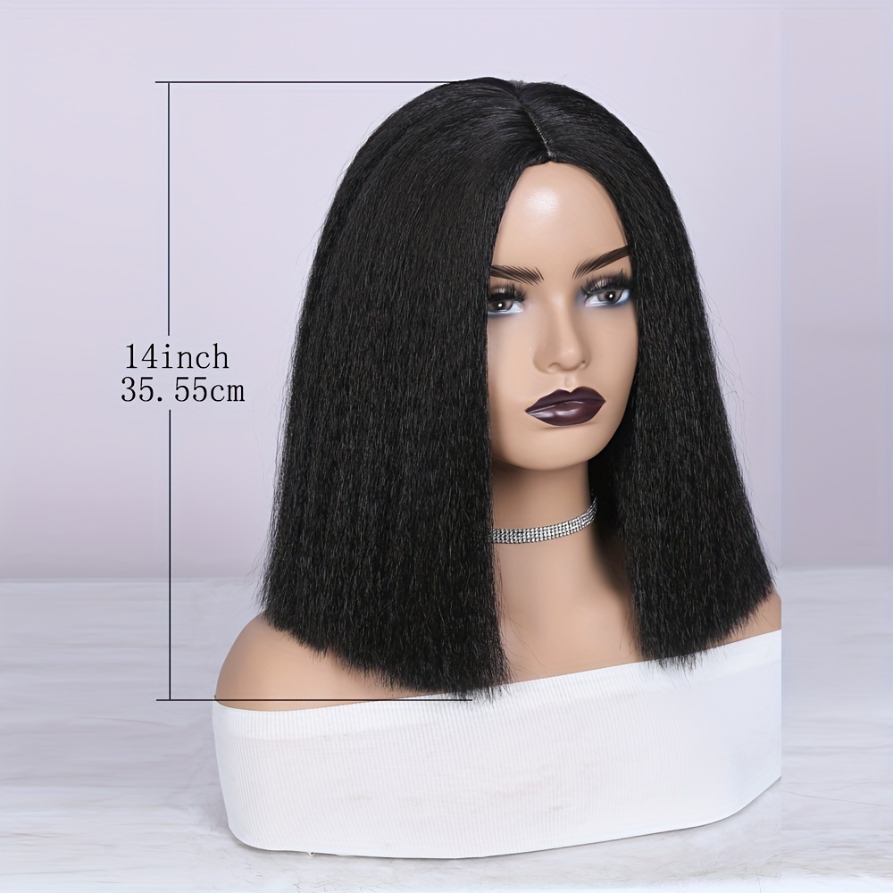 Short Yaki Straight Wig Bob Wig Synthetic Hair Middle Part Black Wigs For Women Men Heat Resistant Fiber Daily Life 14 Inch Black