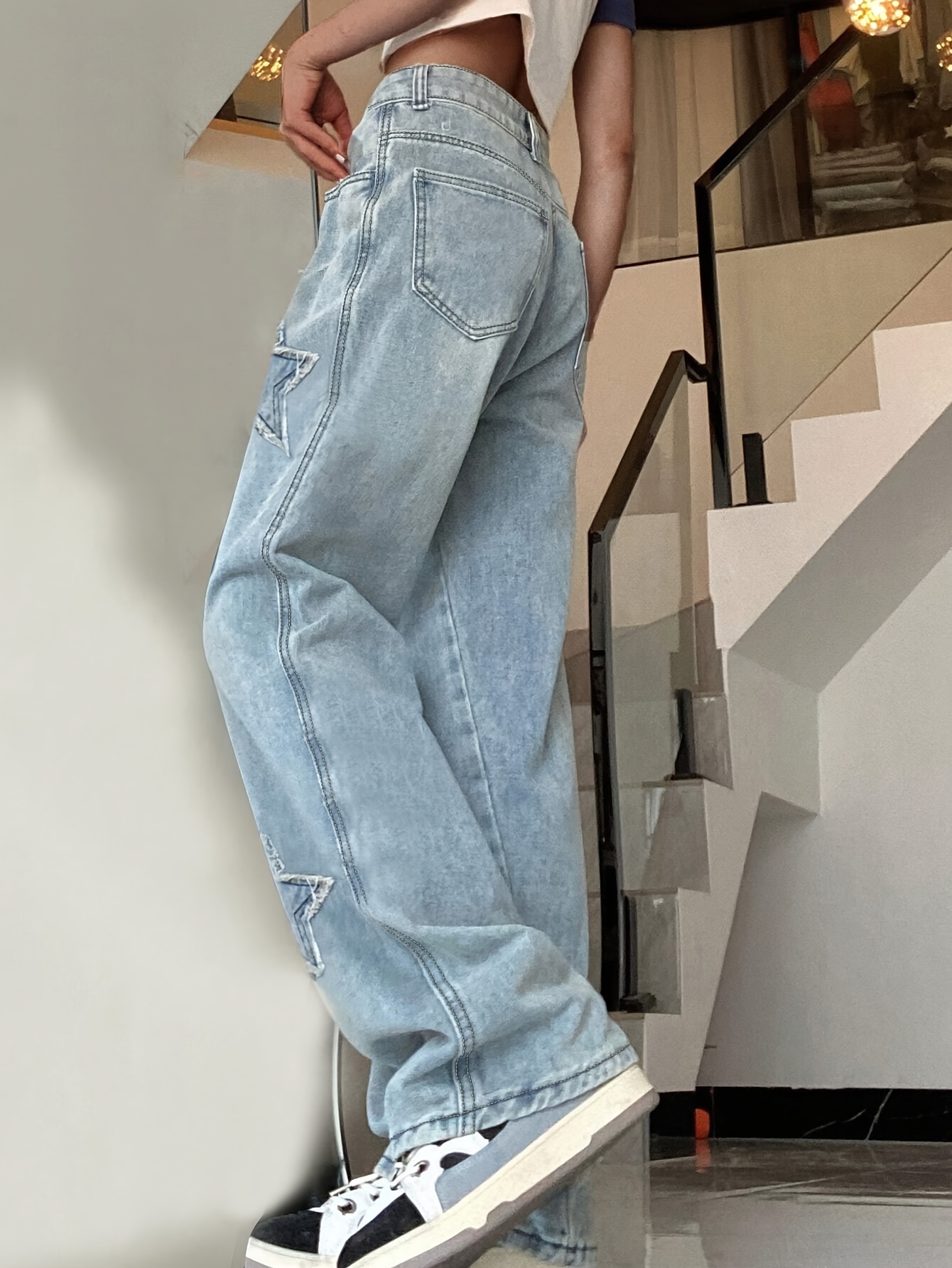 Pantaloni In Denim Casual Toppe A Stella Blu Jeans Dritti A - Temu Italy