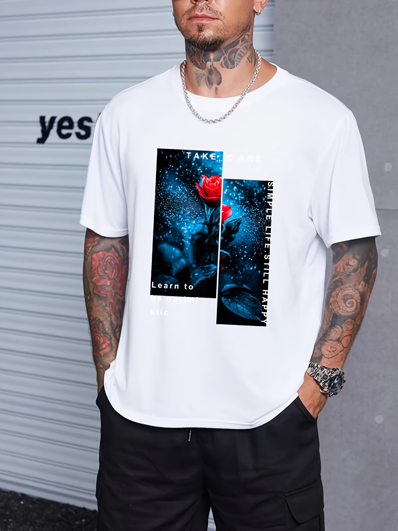 Men's Simple Rose Print T-shirt - Temu