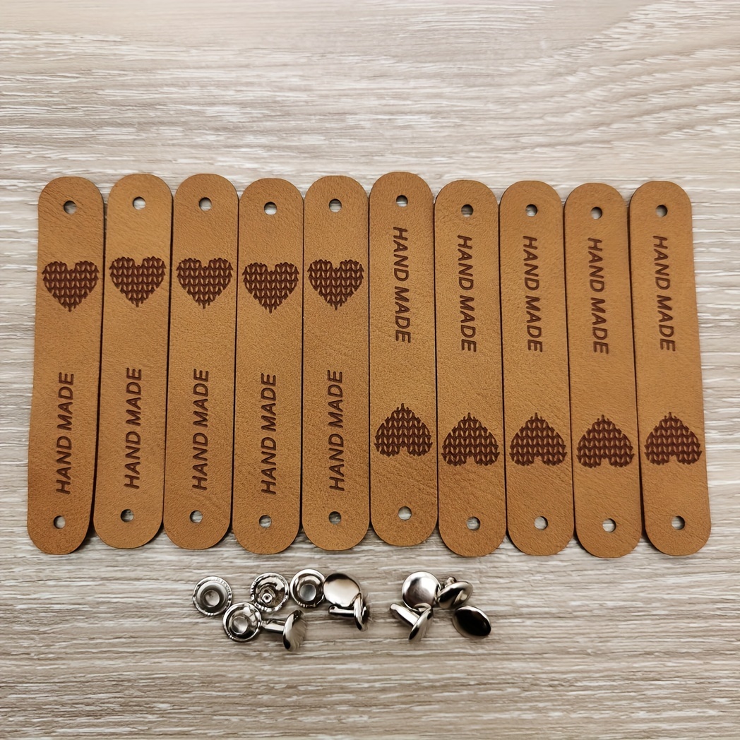 10pcs Heart-shaped Handmade Leather Tags With Nails - "hand Made" Embossed, Knitting & Crochet Projects, Includes Metal Fasteners